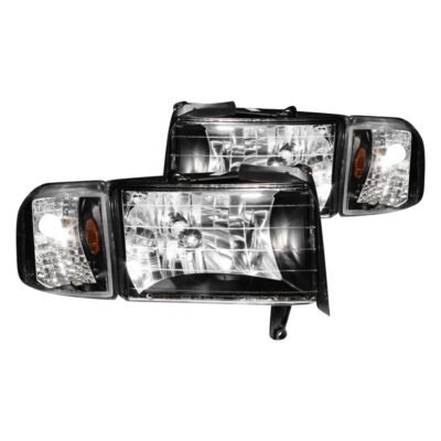 Fits DODGE RAM 1500 94-01 / RAM 2500/3500 94-02/ RAM SPORT MODEL 94-98 CRYSTAL HEADLIGHTS BLACK W/ CORNER LIGHT 2PC