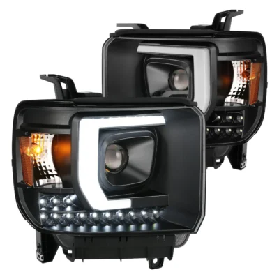 Fits GMC SIERRA 1500 14-15 /2500HD/3500HD 15-19 PROJECTOR C BAR HEADLIGHTS BLACK (FOR HALOGEN MODELS W/O FACTORY LED DRL)
