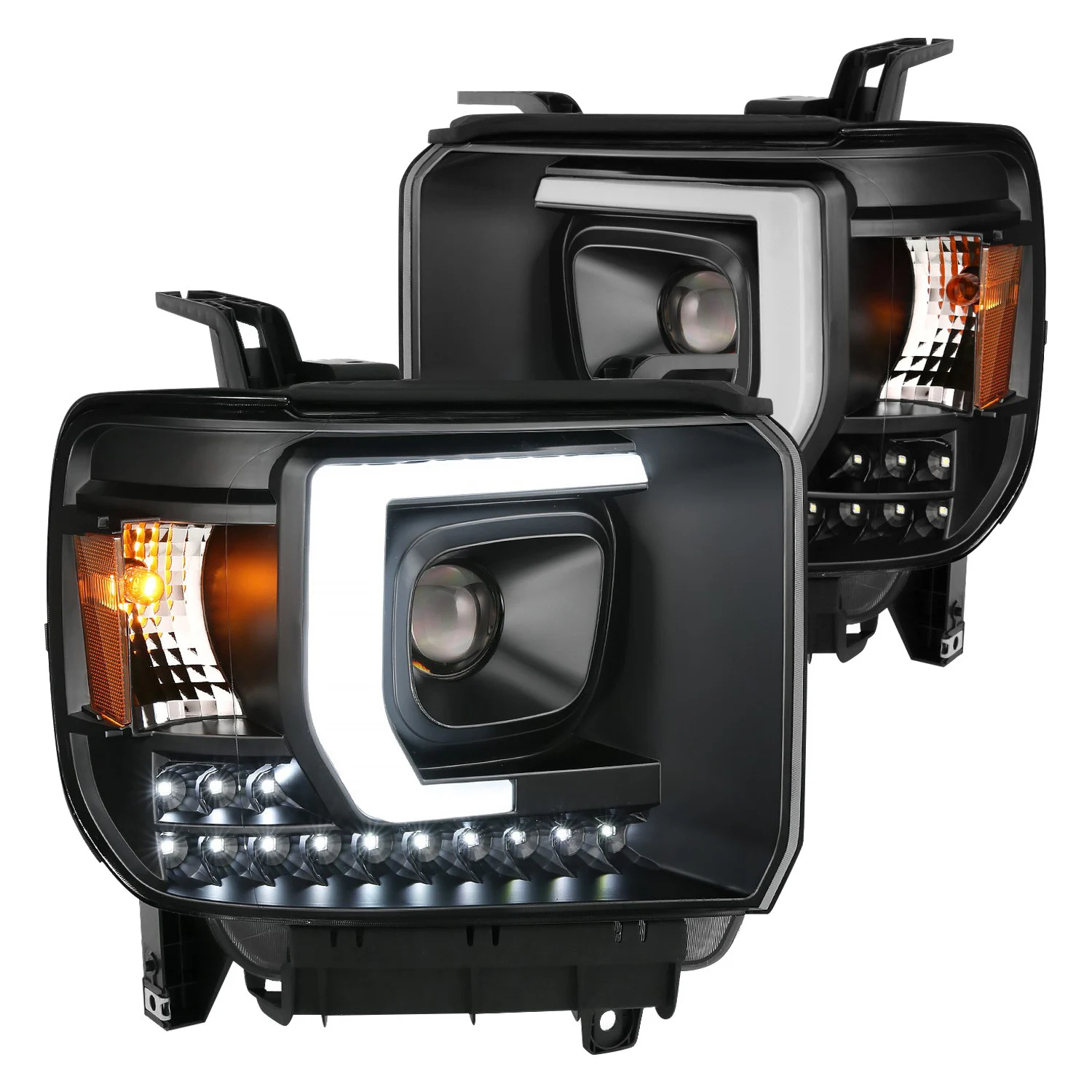 Fits GMC SIERRA 1500 14-15 /2500HD/3500HD 15-19 PROJECTOR C BAR HEADLIGHTS BLACK (FOR HALOGEN MODELS W/O FACTORY LED DRL)