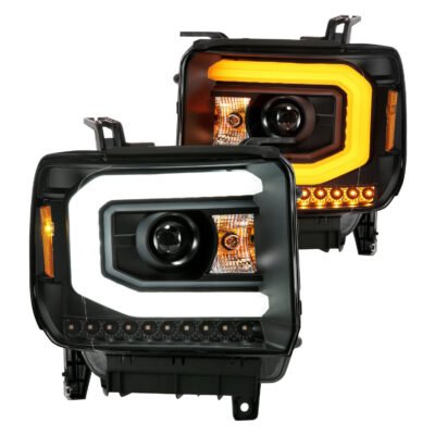 Fits GMC SIERRA 1500 14-15 / 2500HD/3500HD 15-19 PROJECTOR C BAR SWITCHBACK HEADLIGHTS BLACK (HALOGEN TYPE MODEL W/O FACTORY LED DRL)