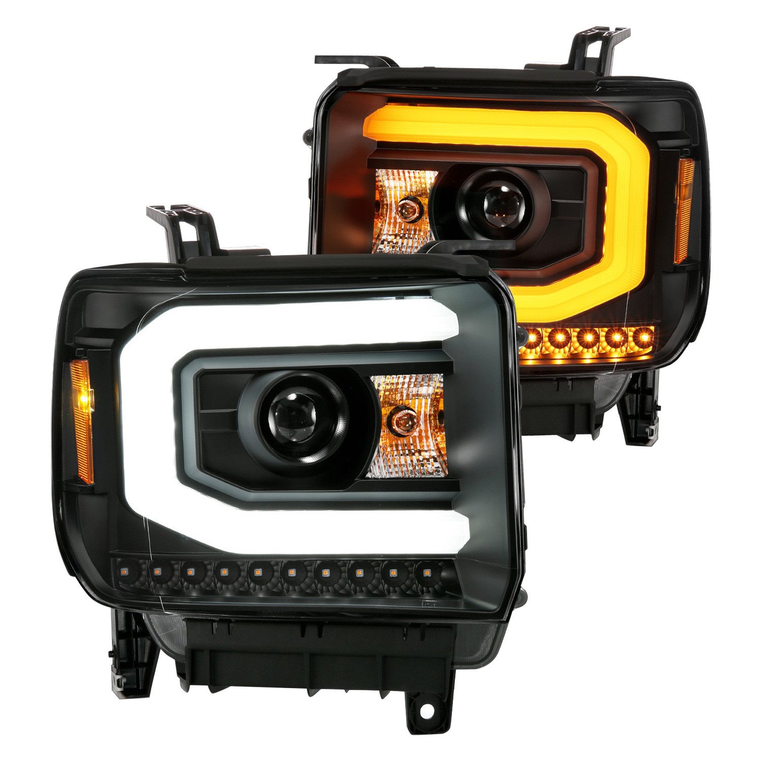 Fits GMC SIERRA 1500 14-15 / 2500HD/3500HD 15-19 PROJECTOR C BAR SWITCHBACK HEADLIGHTS BLACK (HALOGEN TYPE MODEL W/O FACTORY LED DRL)