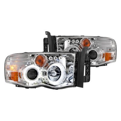 Fits DODGE RAM 1500 02-05 RAM 2500/3500 03-05 PROJECTOR HALO HEADLIGHTS CHROME CLEAR