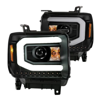 Fits GMC SIERRA 1500 14-15/ 2500HD/3500HD 15-19 PROJECTOR C BAR HEADLIGHTS BLACK (HALOGEN TYPE MODEL W/ FACTORY LED DRL)