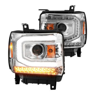 Fits GMC SIERRA 1500 14-15/ 2500HD/3500HD 15-19 PROJECTOR C BAR HEADLIGHTS CHROME (HALOGEN TYPE MODEL W/ FACTORY LED DRL)