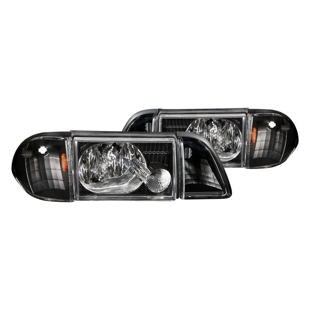Fits FORD MUSTANG 87-93 CRYSTAL HEADLIGHTS BLACK W/ CORNER & PARKING LIGHT 3PC