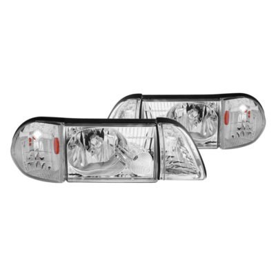 Fits FORD MUSTANG 87-93 CRYSTAL HEADLIGHTS CHROME W/ CORNER & PARKING LIGHT 3PC