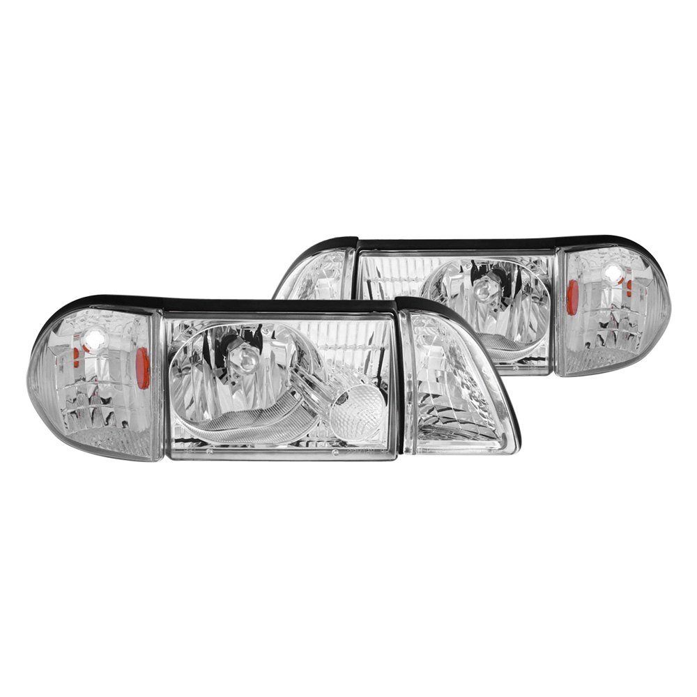 Fits FORD MUSTANG 87-93 CRYSTAL HEADLIGHTS CHROME W/ CORNER & PARKING LIGHT 3PC