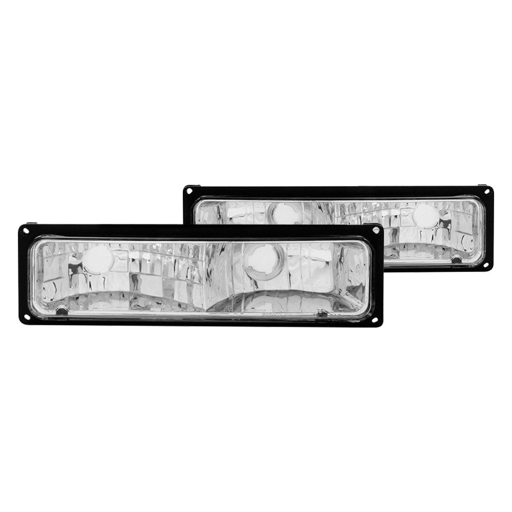 Fits CHEVY/GMC C/K1500/2500 88-98 / C/K3500 88-00 / SUBURBAN 92-99 / BLAZER (FULL-SIZE) 92-94 / TAHOE 95-99 / YUKON 92-99 EURO PARKING/SIGNAL LIGHTS CHROME W/ BLACK FRAME CLEAR LENS
