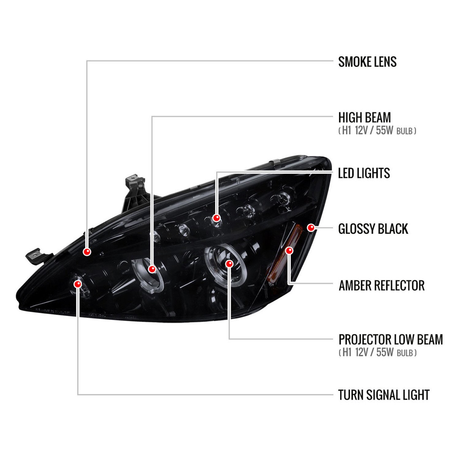 Fits 2003-2007 Honda Accord Dual Halo Projector Headlights (Glossy Black Housing/Smoked Lens) - Image 2