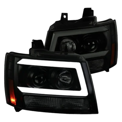 Fits 2007-2013 Chevrolet Avalanche/ 2007-2014 Tahoe Suburban LED C-Bar Projector Headlights (Black Housing/Smoked Lens)