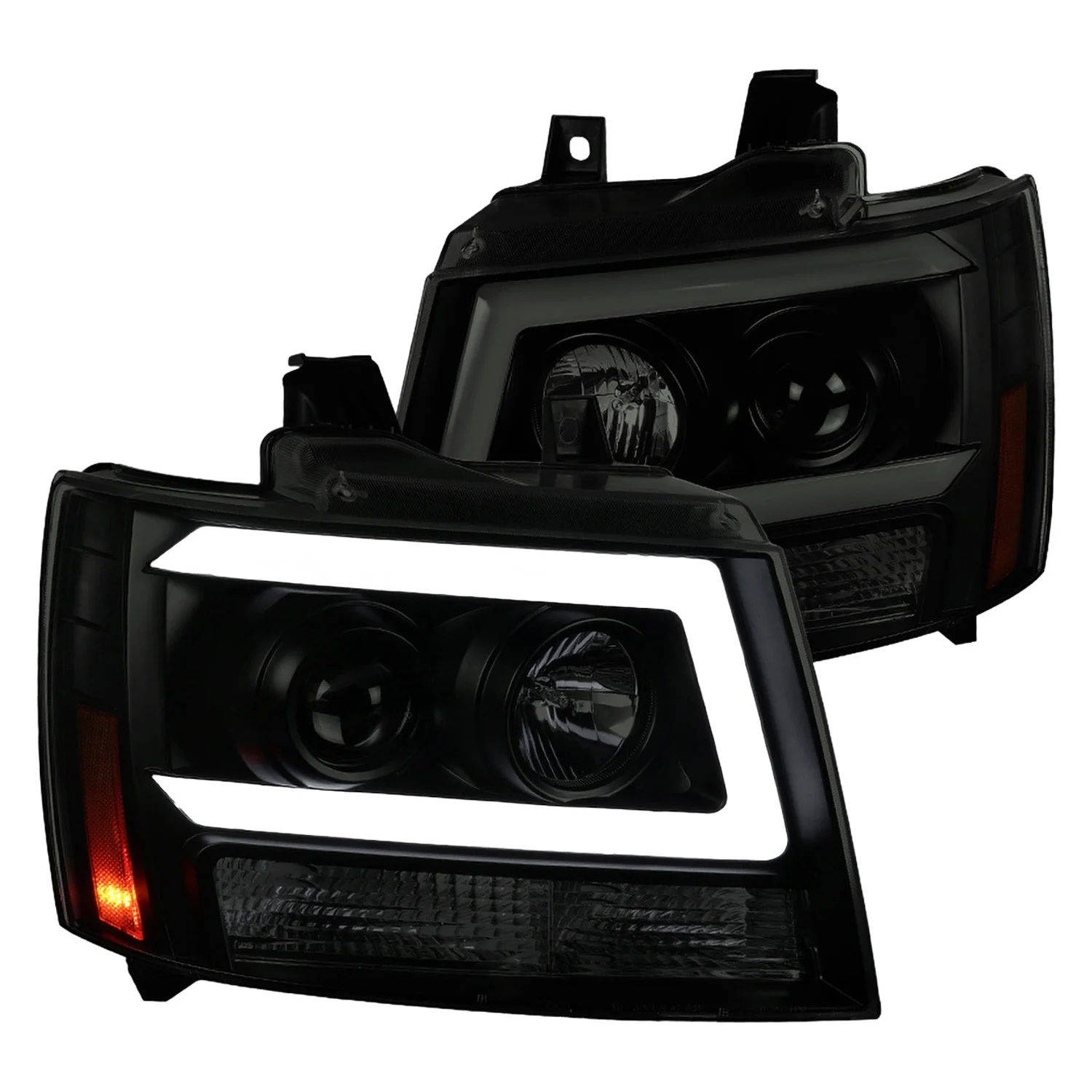 Fits 2007-2013 Chevrolet Avalanche/ 2007-2014 Tahoe Suburban LED C-Bar Projector Headlights (Black Housing/Smoked Lens)