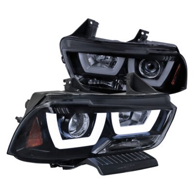 Fits 2011-2014 Dodge Charger Dual LED U-Bar Projector Headlights (Glossy Black Housing/Smoked Lens)