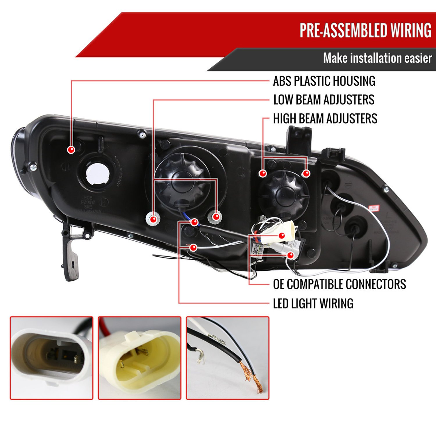 Fits 2006-2011 Honda Civic Sedan Dual Halo Projector Headlights (Glossy Black Housing/Smoked Lens) - Image 3