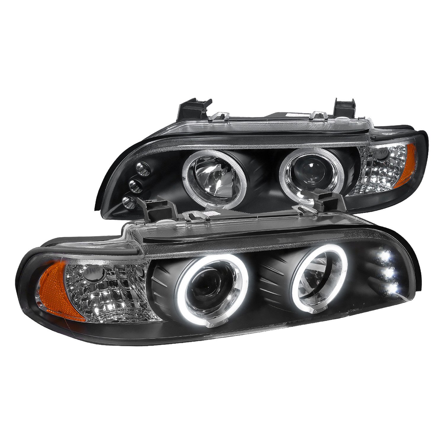 Fits 1996-2003 BMW E39 5 Series Dual Halo Projector Headlights (Matte Black Housing/Clear Lens)1996-2003 BMW E39 5 Series Dual Halo Projector Headlights (Matte Black Housing/Clear Lens)