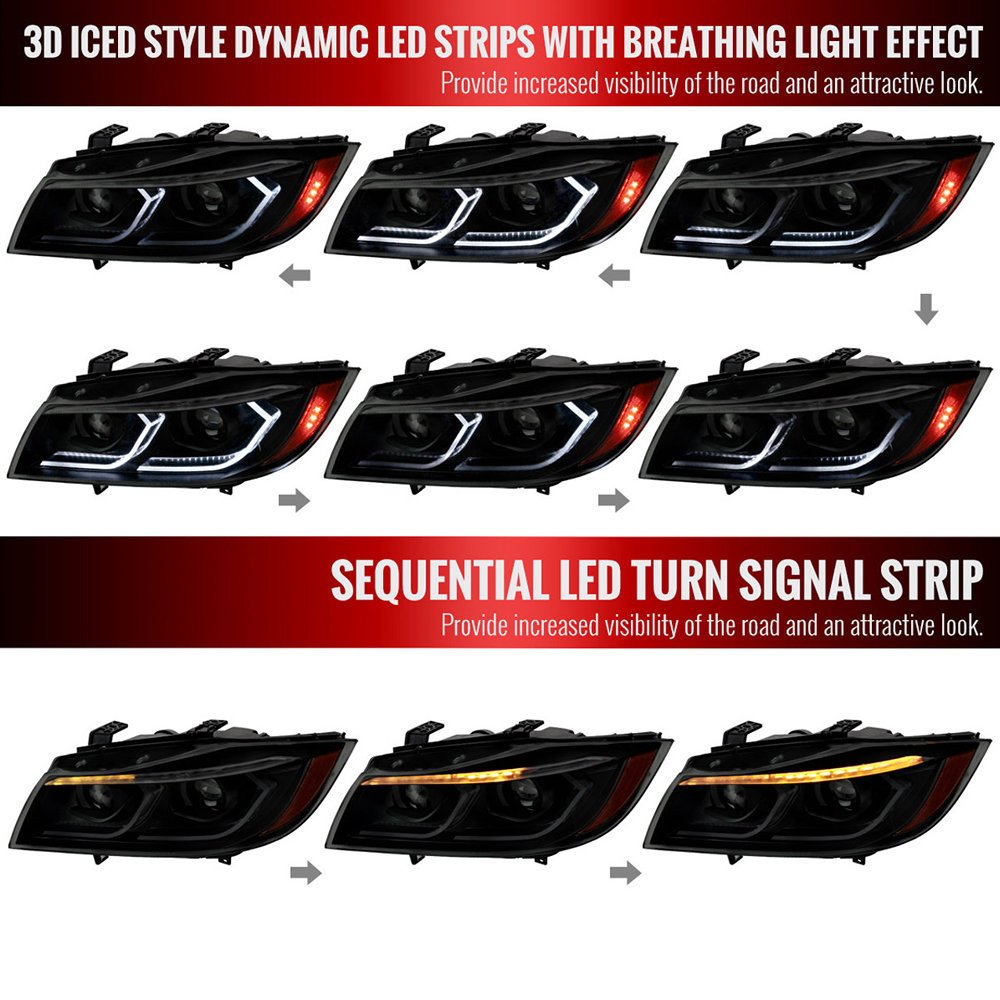 Fits 2006-2011 BMW E90 3 Series Sedan 3D Iced LED Dual Projector Headlights (Matte Black Housing/Smoked Lens) - Image 8