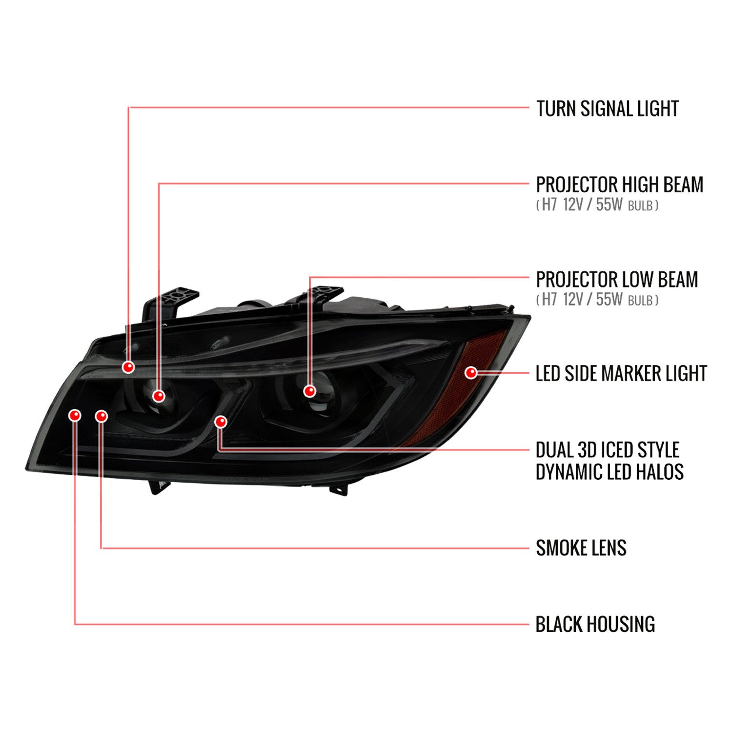 Fits 2006-2011 BMW E90 3 Series Sedan 3D Iced LED Dual Projector Headlights (Matte Black Housing/Smoked Lens) - Image 2
