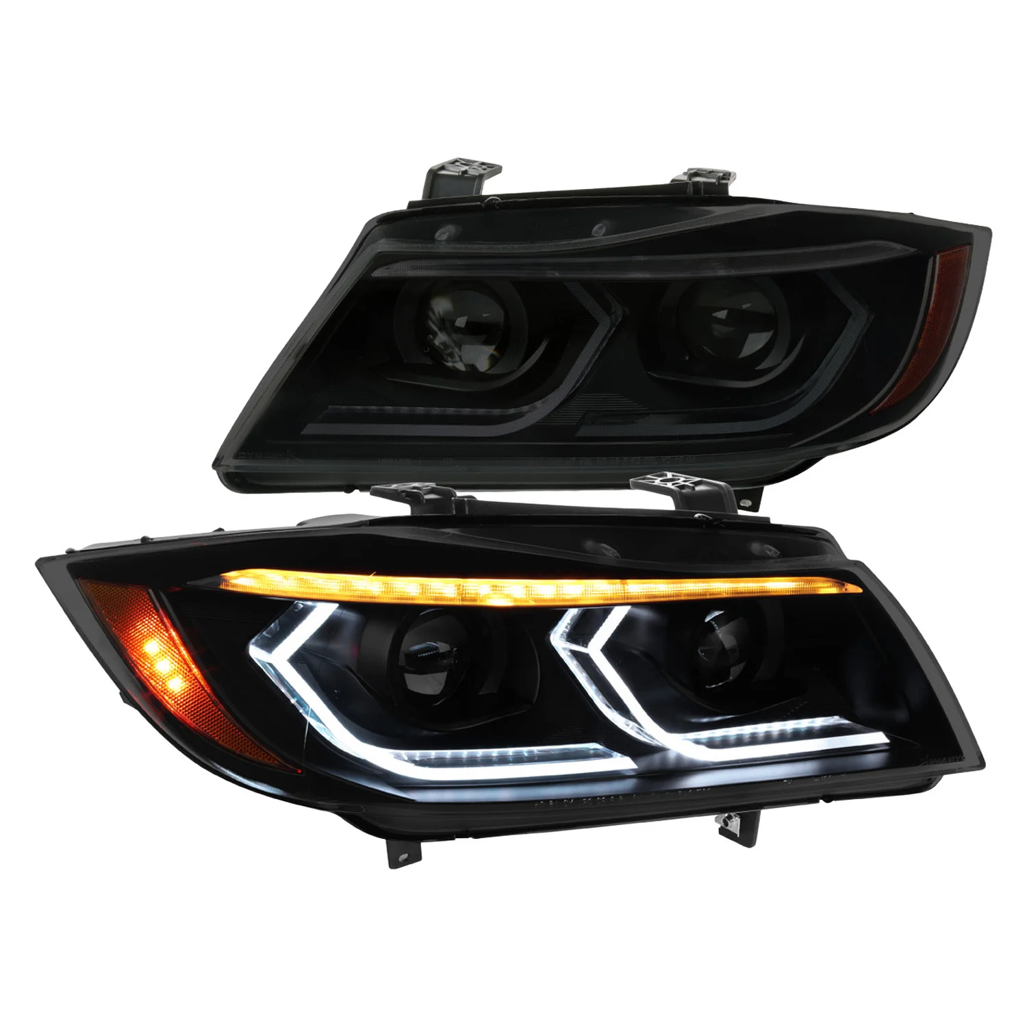 Fits 2006-2011 BMW E90 3 Series Sedan 3D Iced LED Dual Projector Headlights (Matte Black Housing/Smoked Lens)