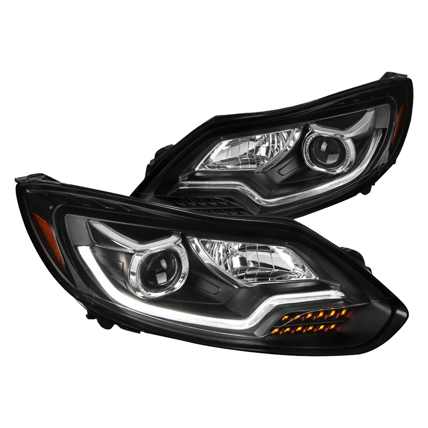 Fits 2012-2014 Ford Focus Projector Headlights w/ LED Light Strip & Sequential Turn Signal Lights (Matte Black Housing/Clear Lens)