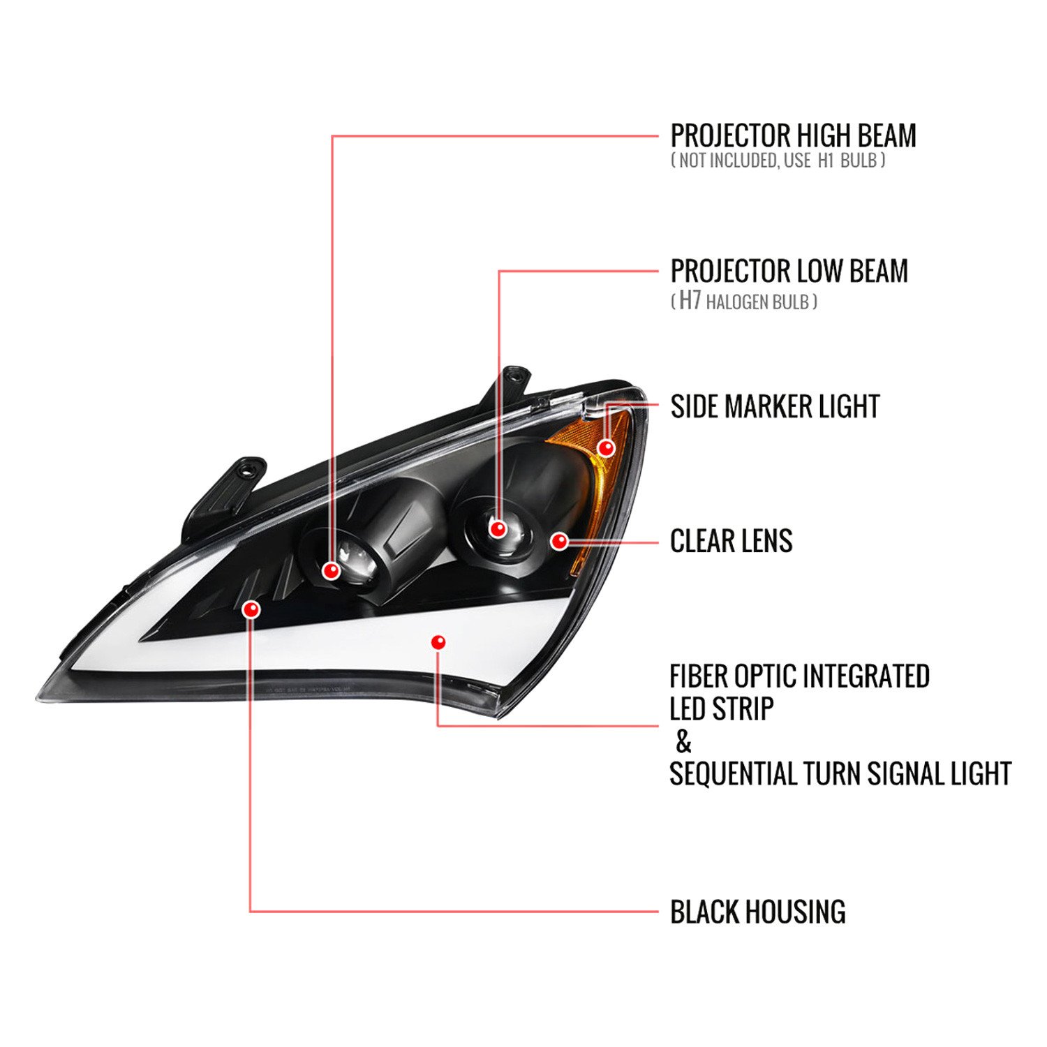 Fits 2010-2012 Hyundai Genesis Coupe Sequential LED Bar Projector Headlights (Matte Black Housing/Clear Lens) - Image 3