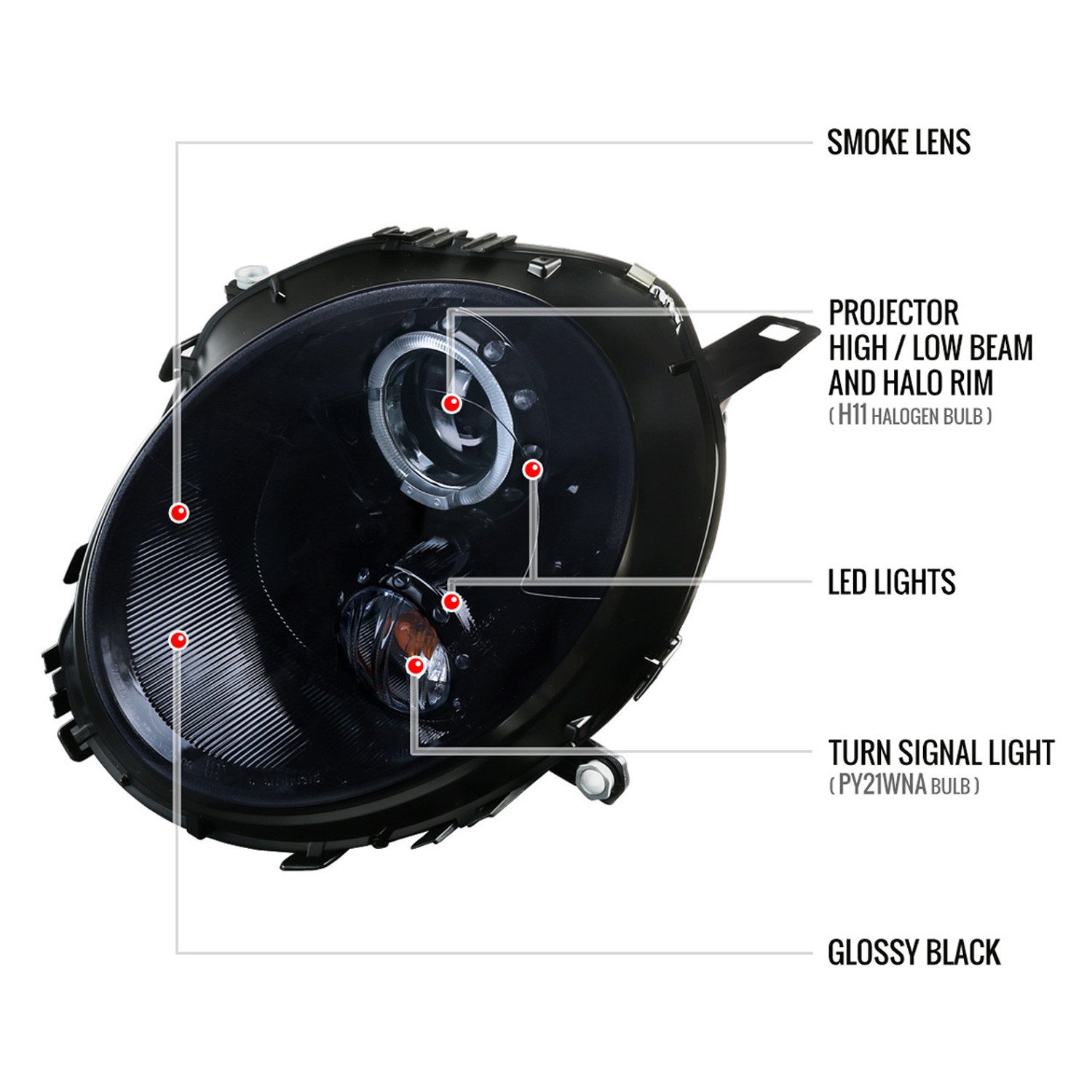 Fits 2007-2015 Mini Cooper R55 R56 R57 R58 R59 Halo Projector Headlights (Glossy Black Housing/Smoked Lens) - Image 2