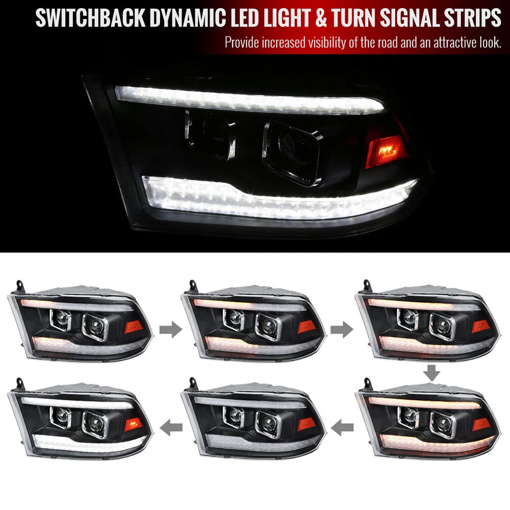 Fits 2009-2018 Dodge RAM 1500 / 2019-2021 RAM Classic / 2010-2018 RAM 2500 3500 Switchback Sequential Projector Headlights (Matte Black Housing/Clear Lens) - Image 8