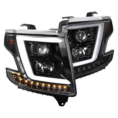 Fits 2015-2020 Chevrolet Tahoe Suburban/ 2016-2019 Suburban 3500HD LED C-Bar Projector Headlights w/ LED Turn Signal Lights (Jet Black Housing/Clear Lens)