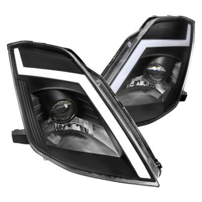 Fits 2003-2005 Nissan 350Z Switchback Sequential Turn Signal Animated LED Bar Projector Headlights (Matte Black Housing/Clear Lens)