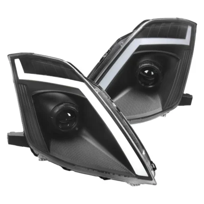 Fits 2006-2009 Nissan 350Z Switchback Sequential Turn Signal Animated LED Bar Projector Headlights (Matte Black Housing/Clear Lens)