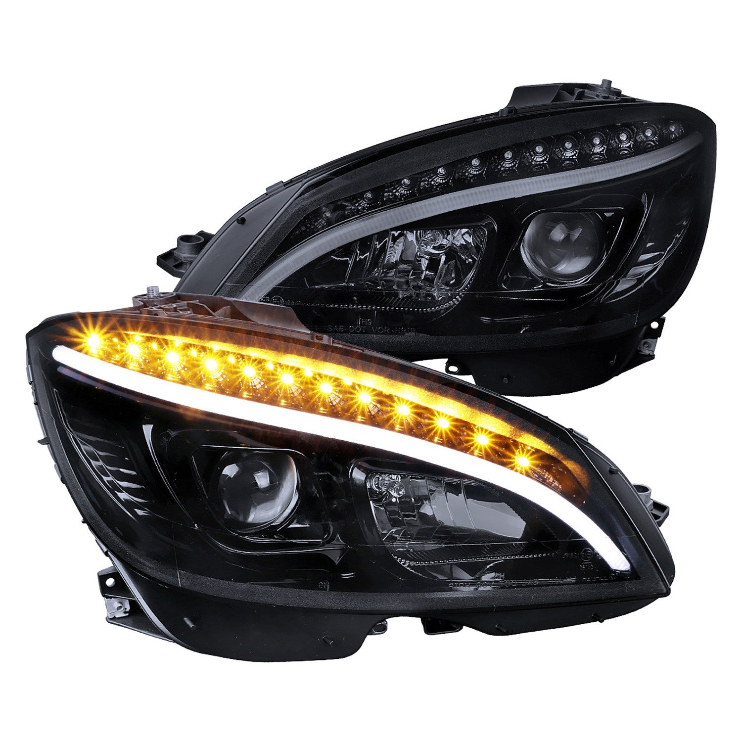 Fits 2008-2011 Mercedes Benz W204 C Class Projector Headlights w/ LED Light Bar & LED Turn Signal Lights (Glossy Black Housing/Smoked Lens)