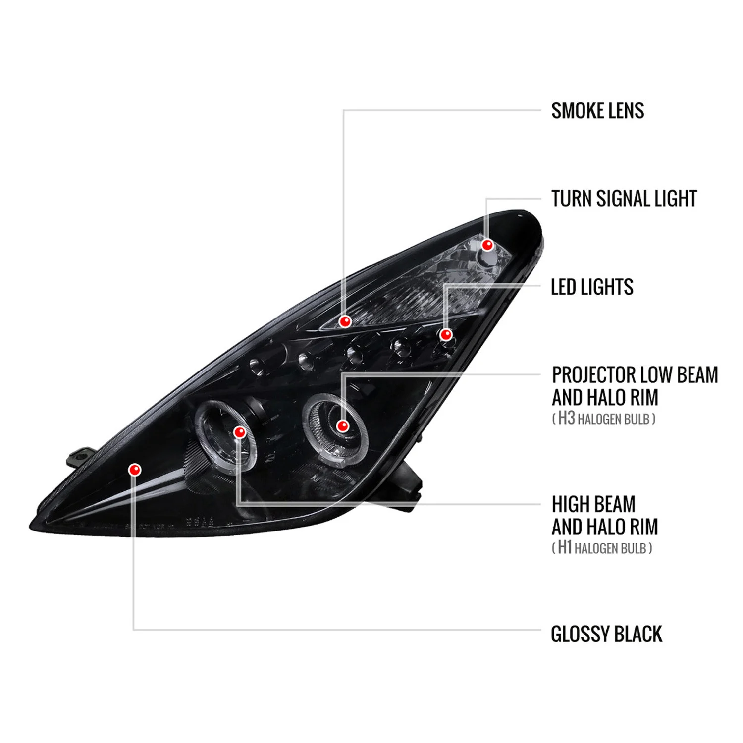 Fits 2000-2005 Toyota Celica Dual Halo Projector Headlights (Glossy Black Housing/Smoked Lens) - Image 2