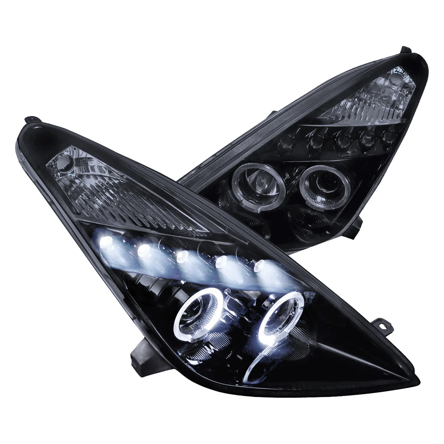 Fits 2000-2005 Toyota Celica Dual Halo Projector Headlights (Glossy Black Housing/Smoked Lens)