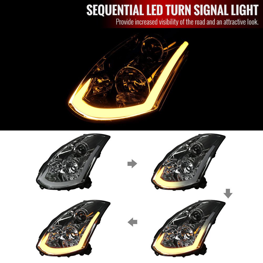 Fits 2003-2007 Infiniti G35 Coupe LED Bar Projector Headlights w/ Sequential Turn Signals (Chrome Housing / Smoked Lens) - Image 9