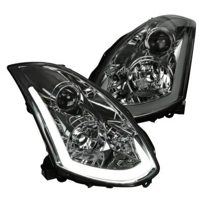 Fits 2003-2007 Infiniti G35 Coupe LED Bar Projector Headlights w/ Sequential Turn Signals (Chrome Housing / Smoked Lens)