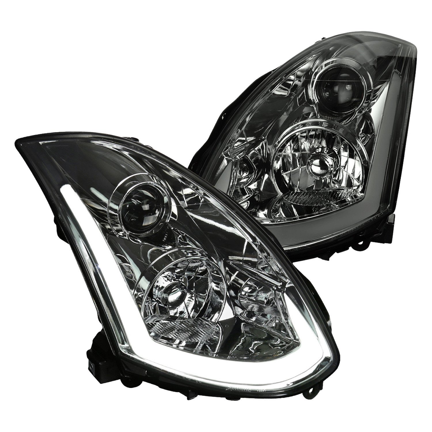 Fits 2003-2007 Infiniti G35 Coupe LED Bar Projector Headlights w/ Sequential Turn Signals (Chrome Housing / Smoked Lens)