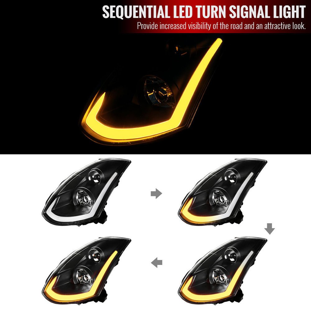 Fits 2003-2007 Infiniti G35 Coupe LED Bar Projector Headlights w/ Sequential Turn Signals (Matte Black Housing / Clear Lens) - Image 8