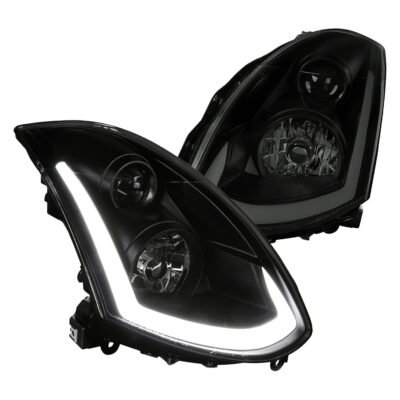 Fits 2003-2007 Infiniti G35 Coupe LED Bar Projector Headlights w/ Sequential Turn Signals (Black Housing / Smoked Lens)