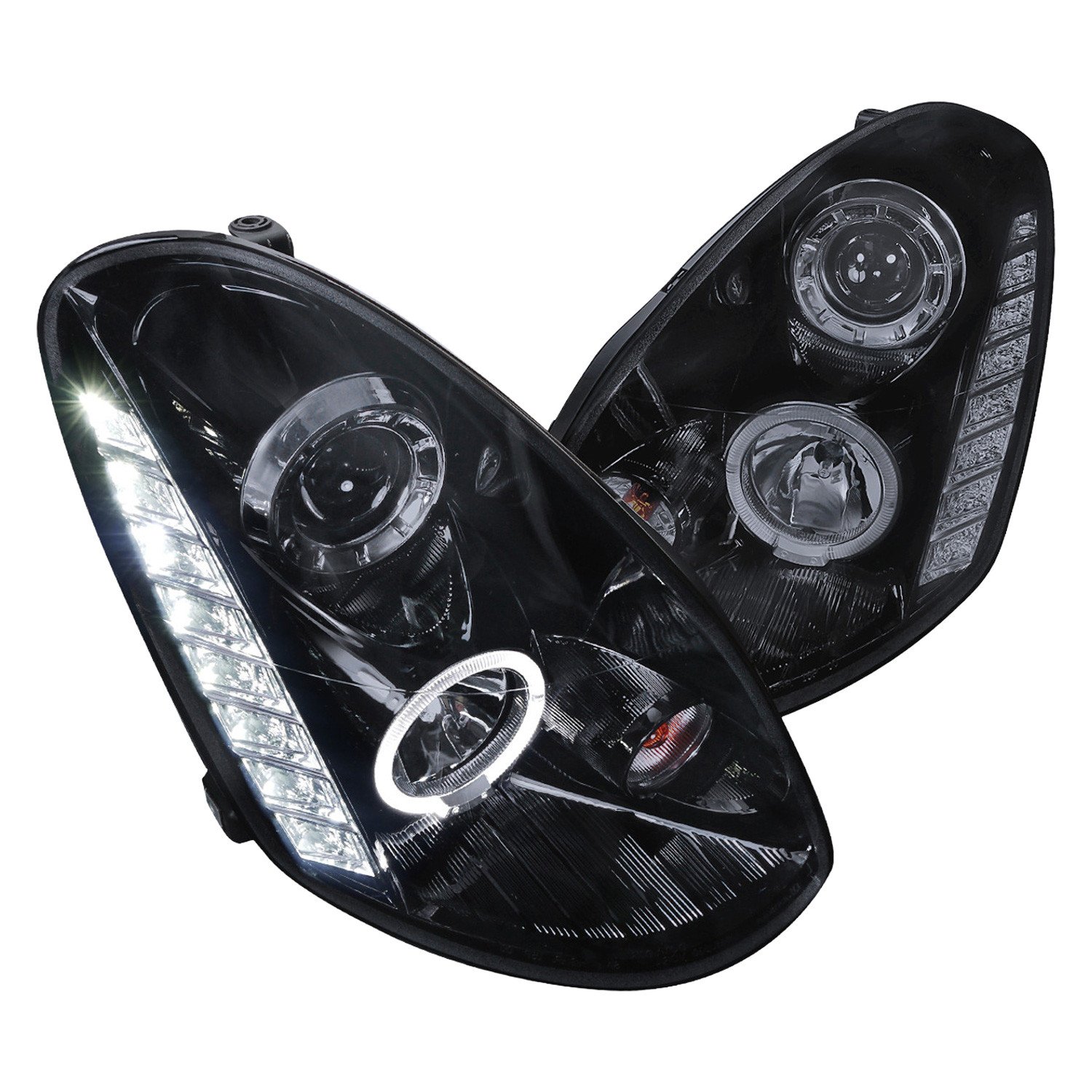 Fits 2005-2006 Infiniti G35 Sedan Halo Projector Headlights w/ SMD LED Light Strip (Glossy Black Housing/Smoked Lens)