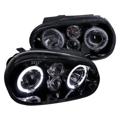Fits 1999-2006 Volkswagen Golf Mk4 GTI/R32 Cabrio Dual Halo Projector Headlights (Glossy Black Housing/Smoked Lens)