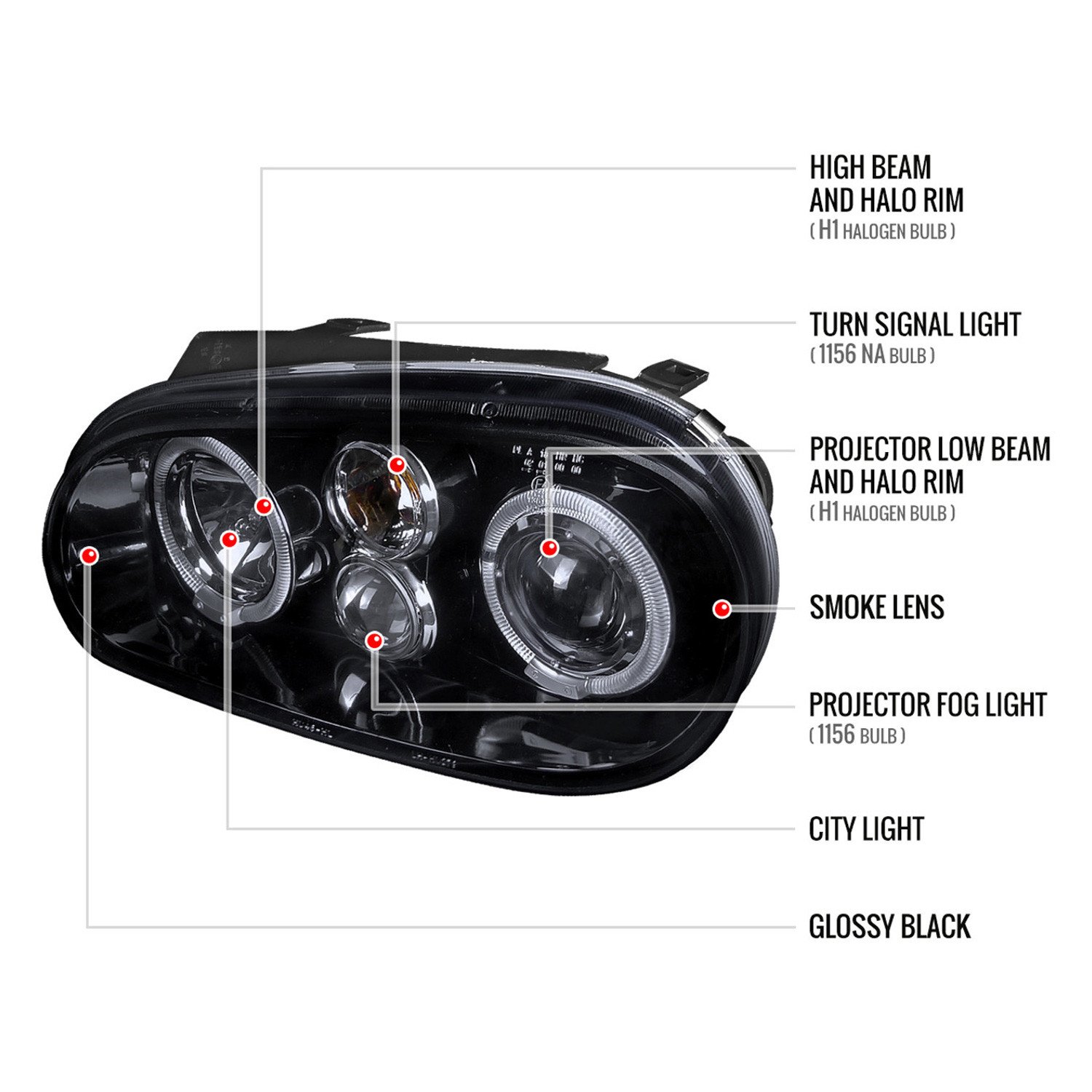 Fits 1999-2006 Volkswagen Golf Mk4 GTI/R32 Cabrio Dual Halo Projector Headlights (Glossy Black Housing/Smoked Lens) - Image 2