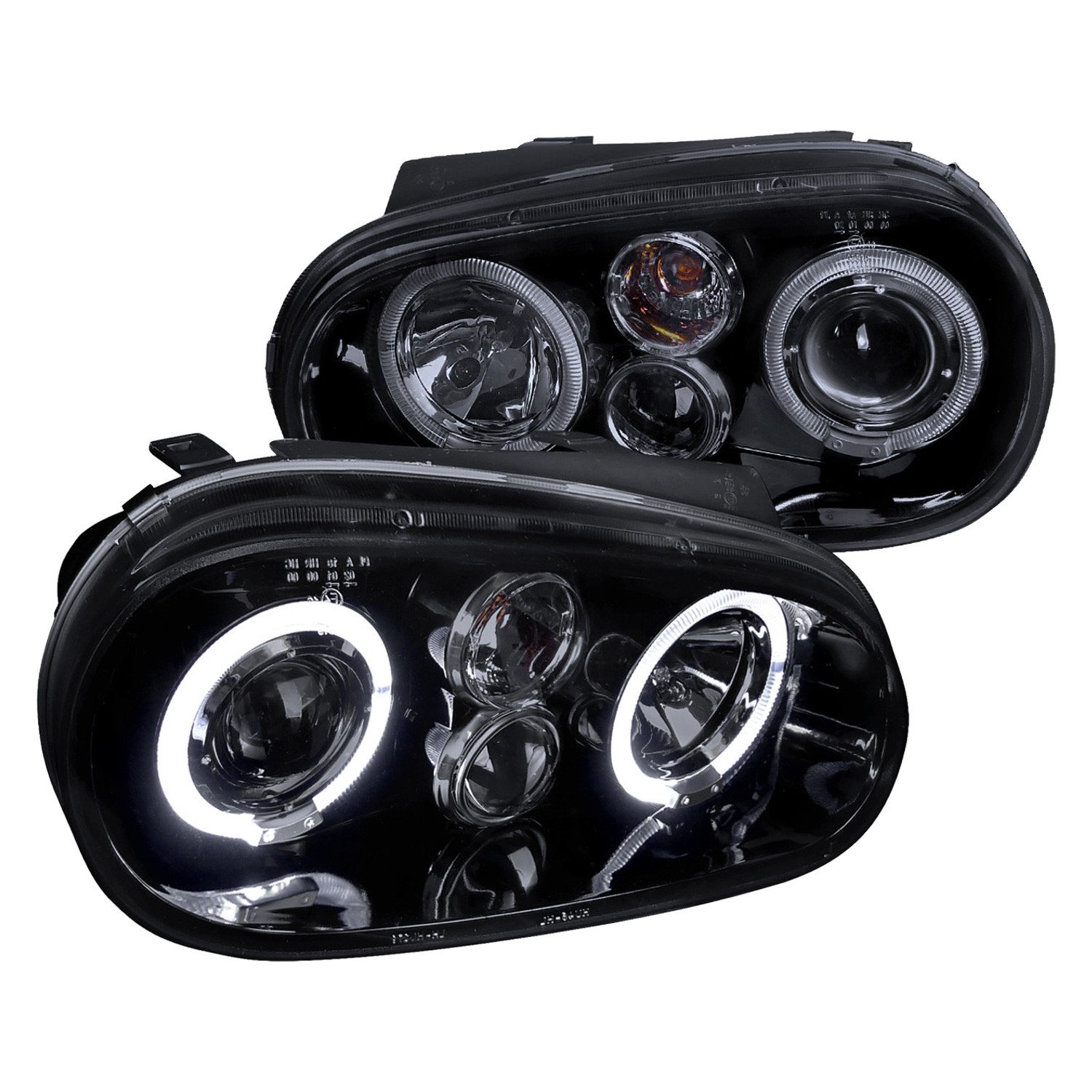 Fits 1999-2006 Volkswagen Golf Mk4 GTI/R32 Cabrio Dual Halo Projector Headlights (Glossy Black Housing/Smoked Lens)