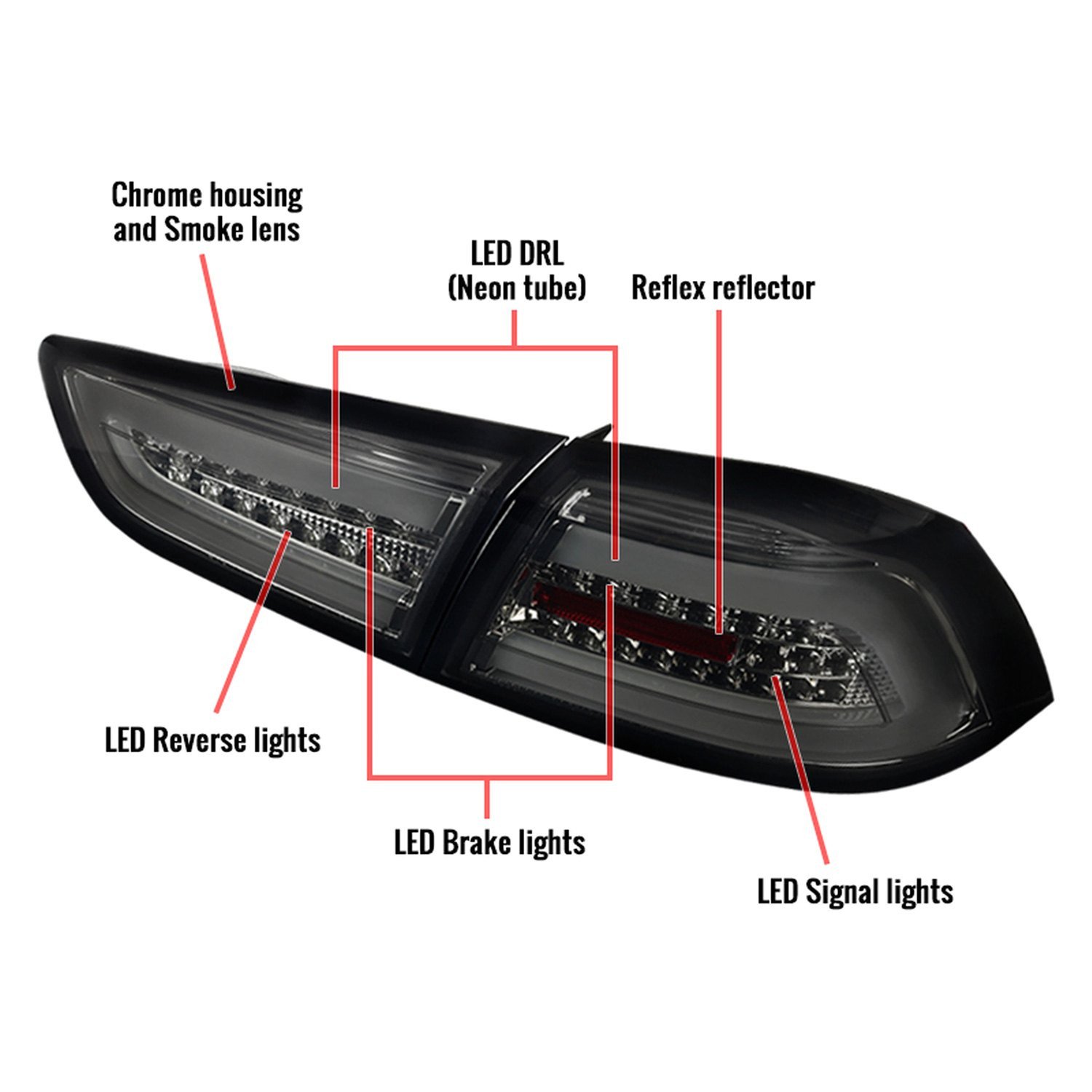 Fits 2008-2017 Mitsubishi Lancer / 2008-2015 Lancer EVO X Sedan LED Tail Lights (Chrome Housing/Smoked Lens) - Image 2