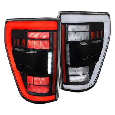 Fits 2021-2023 Ford F-150 Full LED Tail Lights with White Light Bar Sequential Turn Signal, Startup Animation & Factory BSM Compatibility (Black Housing / Clear Lens)