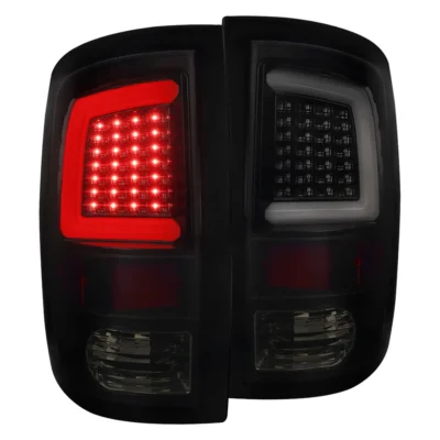 Fits 2009-2018 Dodge RAM 1500 / 2019-2021 RAM Classic / 2010-2018 RAM 2500 3500 White Bar LED Tail Lights (Glossy Black Housing/Smoked Lens)
