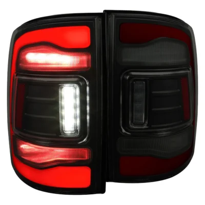 Fits 2009-2018 Dodge RAM 1500/2019-2022 RAM 1500 Classic/2010-2018 RAM 2500 3500 Red LED Bar Tail Lights (Matte Black Housing/Smoked Lens)