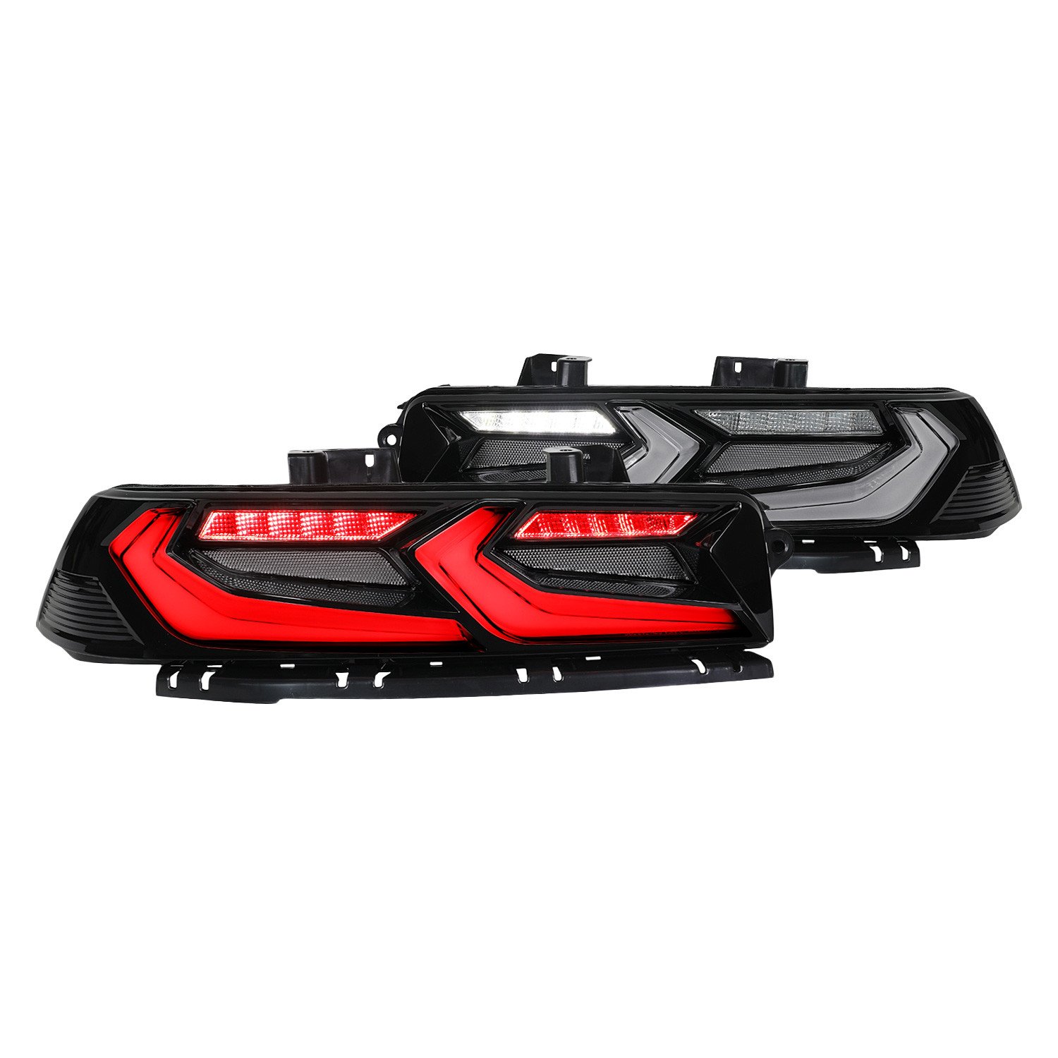 Fits 2014-2015 Chevrolet Camaro Sequential LED Turn Signal C8-Style Tail Lights (Black Housing / Smoked Lens)