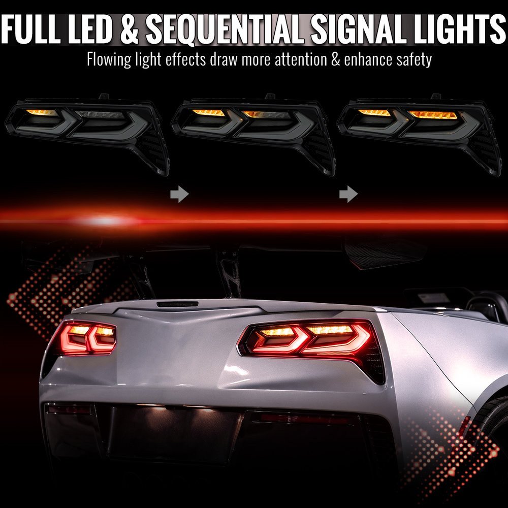 Fits 2014-2019 Chevrolet Corvette C7 Sequential LED Turn Signal C8-Style Tail Lights (Black Housing / Smoked Lens) - Image 7
