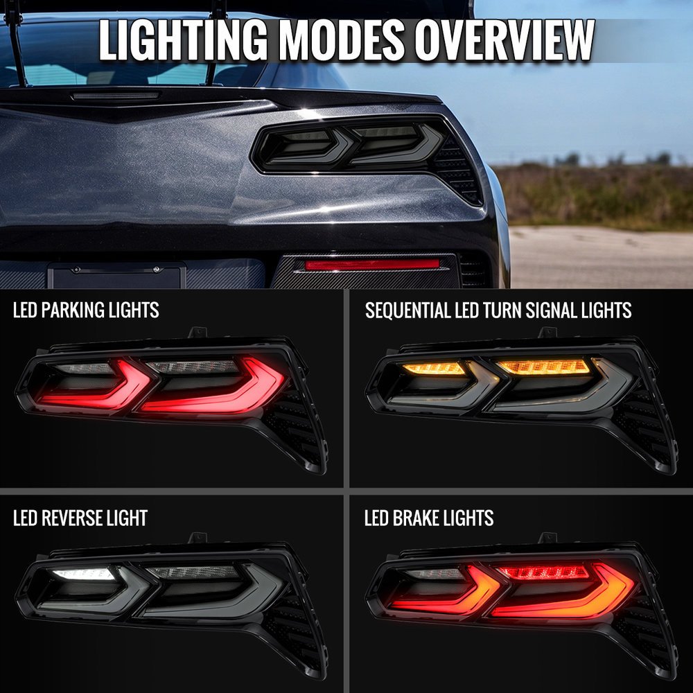 Fits 2014-2019 Chevrolet Corvette C7 Sequential LED Turn Signal C8-Style Tail Lights (Black Housing / Smoked Lens) - Image 3