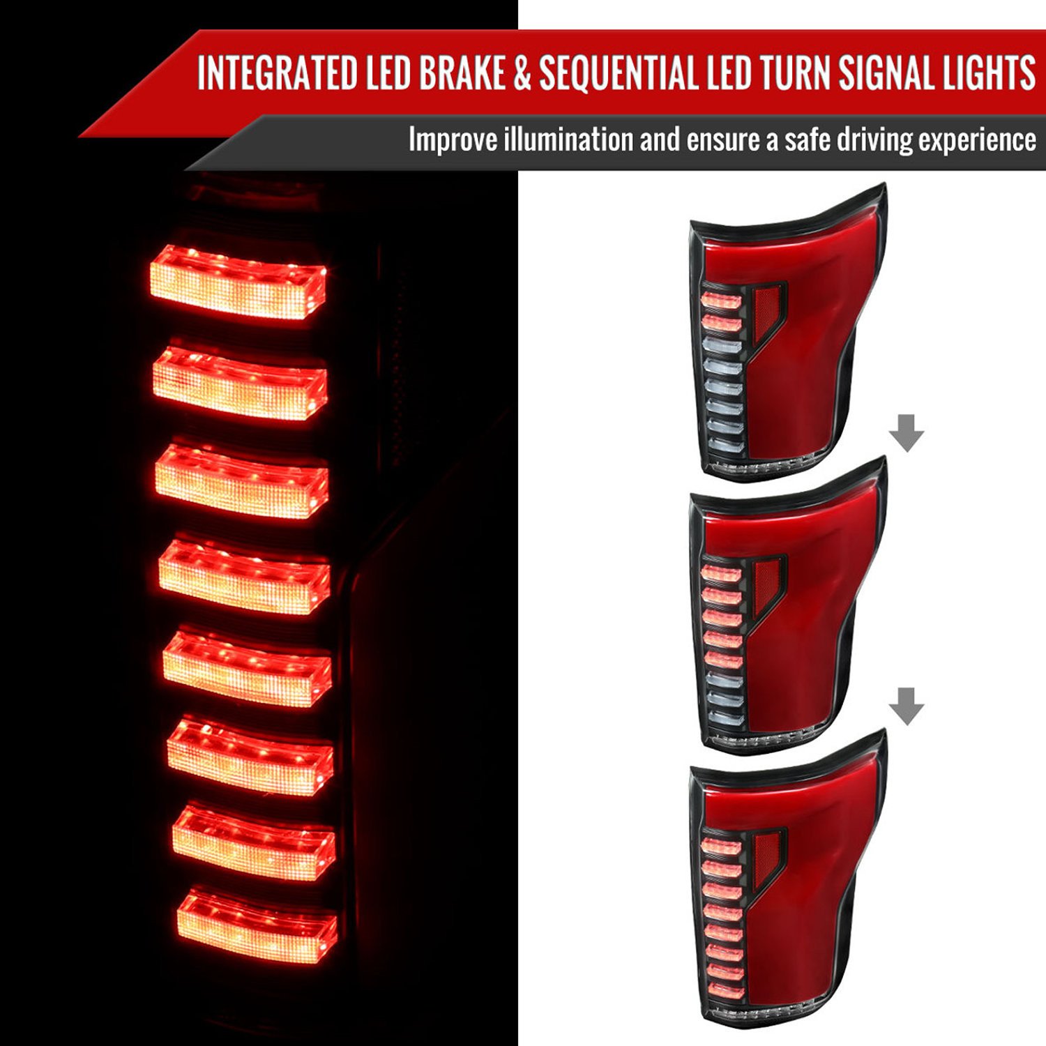 Fits 2015-2017 Ford F-150 Sequential Turn Signal Animated Red LED Bar Tail Lights (Matte Black Housing/Clear Lens) - Image 8