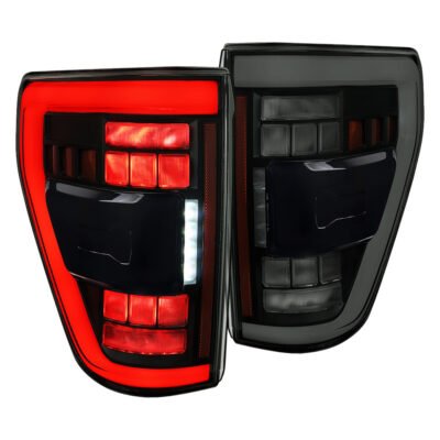 Fits 2021-2023 Ford F-150 Full LED Tail Lights with White Light Bar Sequential Turn Signal, Startup Animation & Factory BSM Compatibility (Black Housing / Smoked Lens)