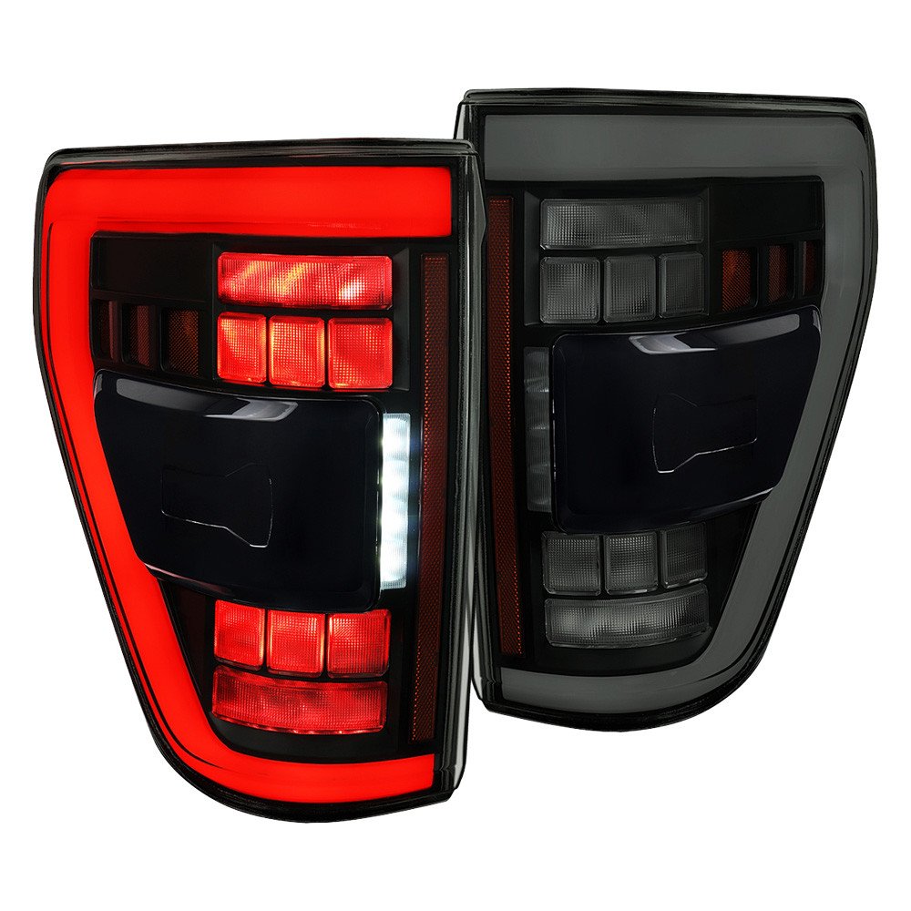 Fits 2021-2023 Ford F-150 Full LED Tail Lights with White Light Bar Sequential Turn Signal, Startup Animation & Factory BSM Compatibility (Black Housing / Smoked Lens)